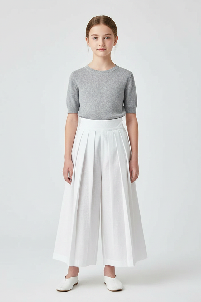 Pantalon Japonais Blanc Plissé Ample Fille - Lin