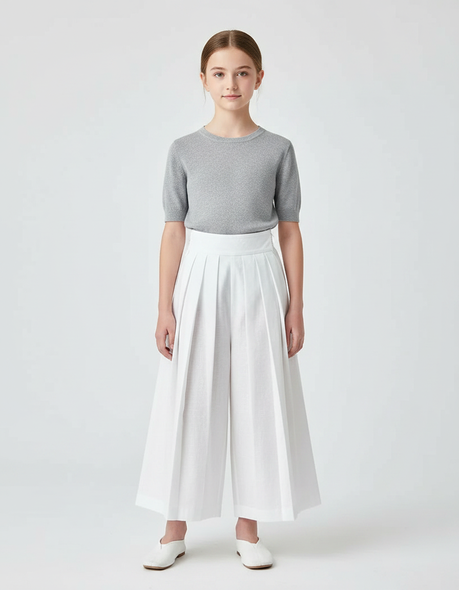Pantalon Japonais Blanc Plissé Ample Fille - Lin