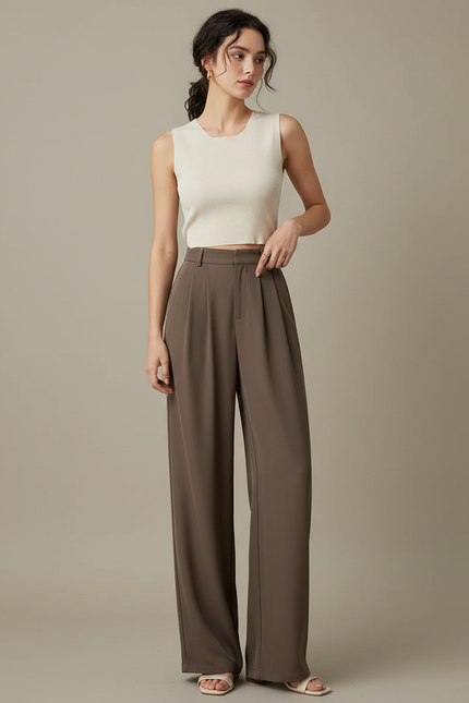 Pantalon Japonais Marron Fluide Ample Plissé Élégant - Polyester