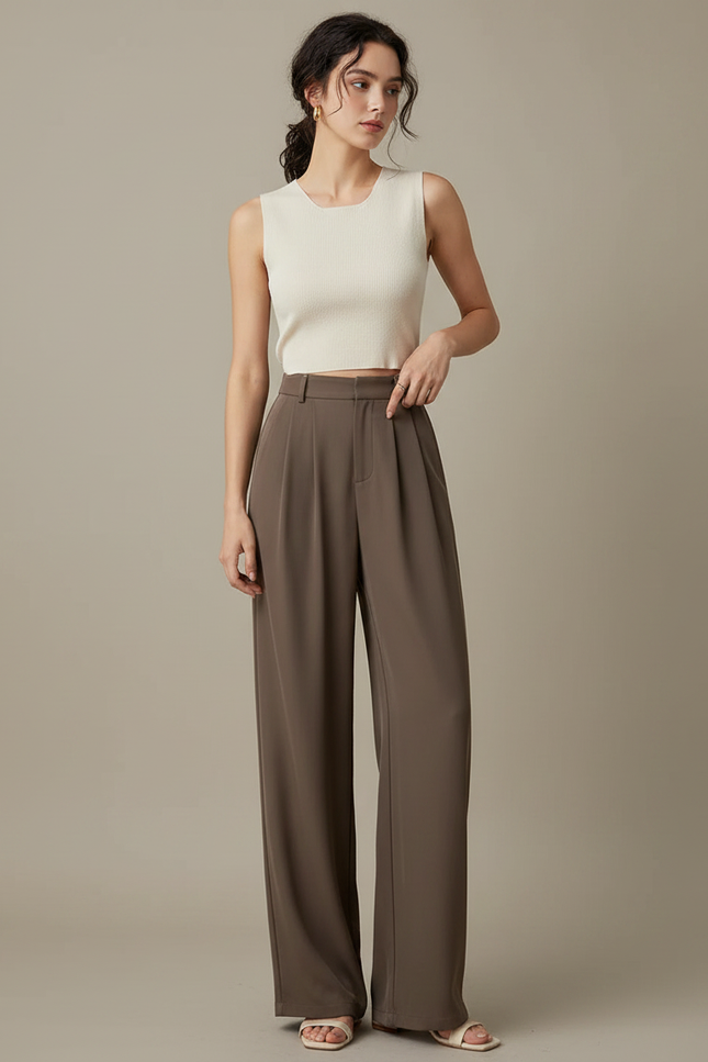 Pantalon Japonais Marron Fluide Ample Plissé Élégant - Polyester