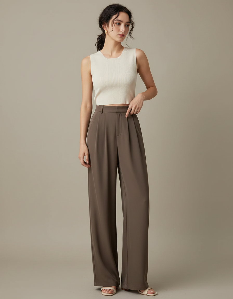 Pantalon Japonais Marron Fluide Ample Plissé Élégant - Polyester