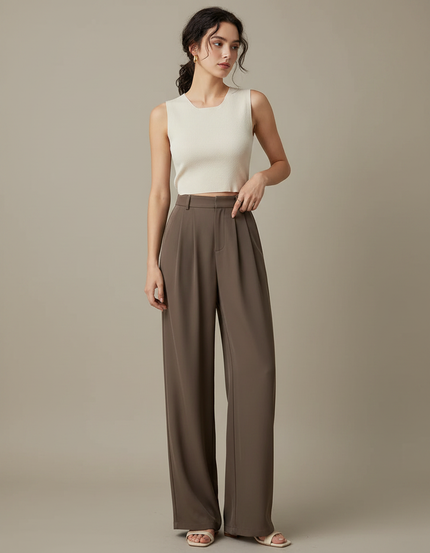 Pantalon Japonais Marron Fluide Ample Plissé Élégant - Polyester