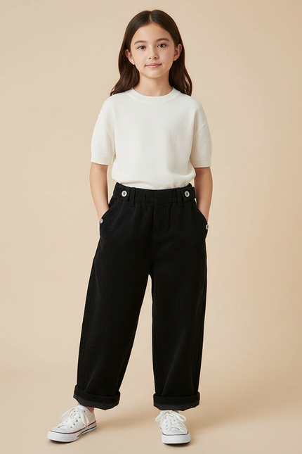 Pantalon Japonais Noir Côtelé Ample Décontracté Boutons - Cordé