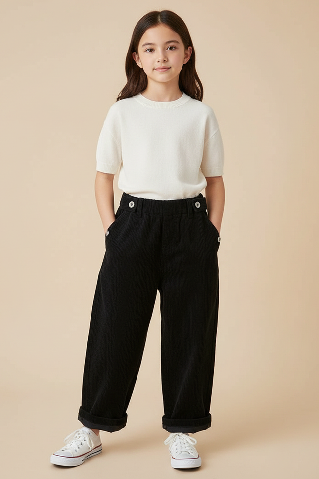 Pantalon Japonais Noir Côtelé Ample Décontracté Boutons - Cordé