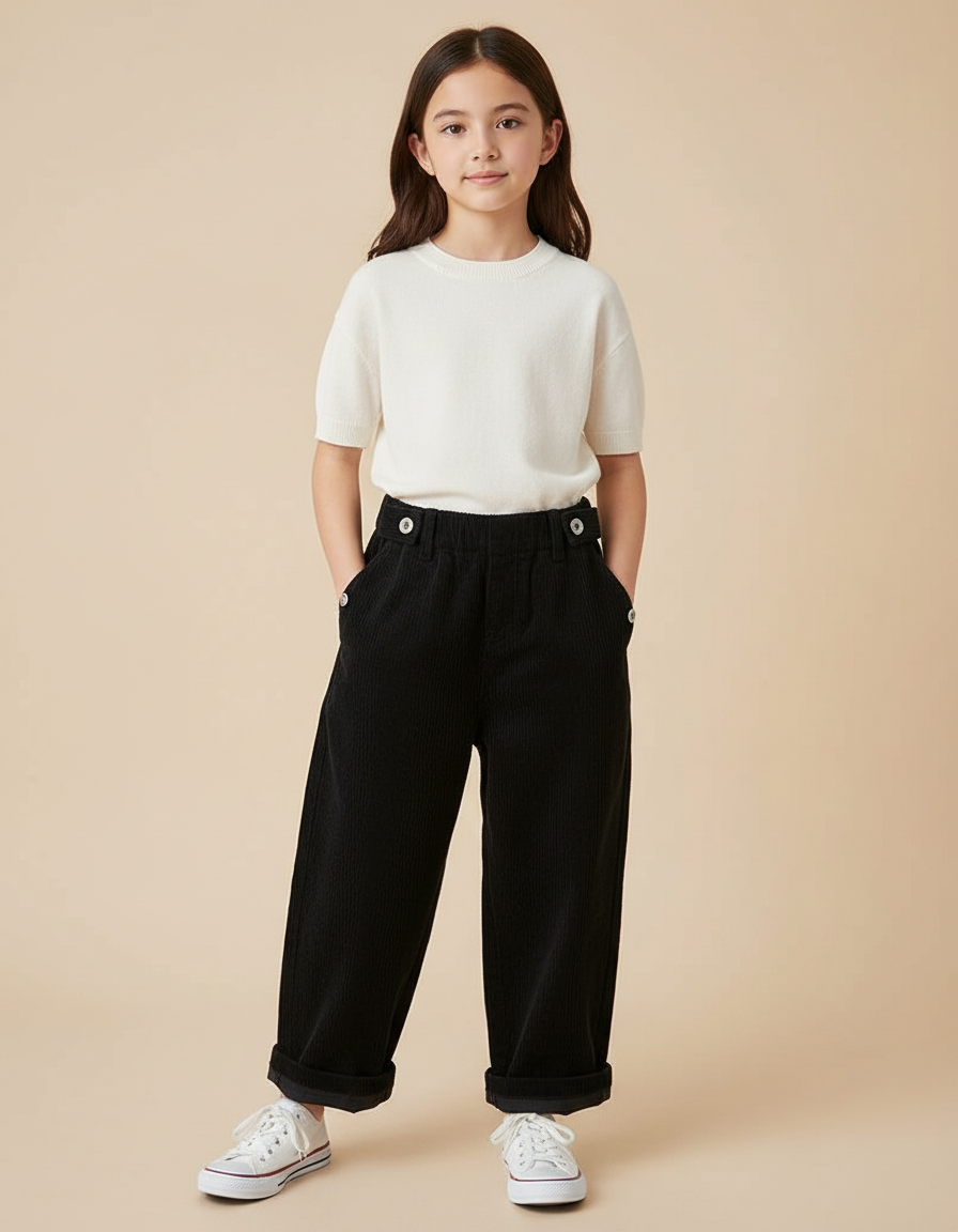 Pantalon Japonais Noir Côtelé Ample Décontracté Boutons - Cordé