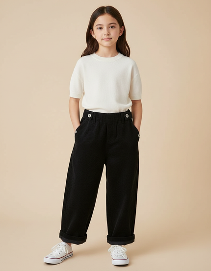 Pantalon Japonais Noir Côtelé Ample Décontracté Boutons - Cordé