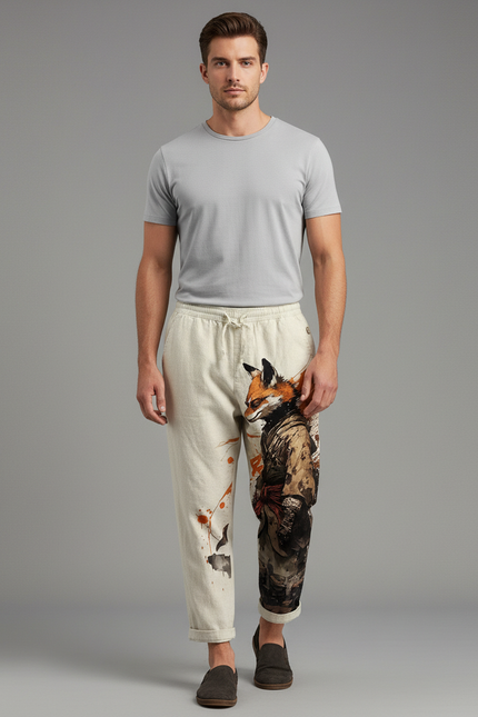 Pantalon Japonais Lin Ample Imprimé Renard Streetwear Homme - Beige