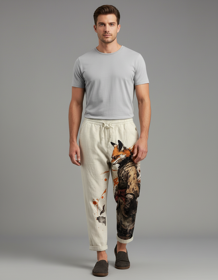 Pantalon Japonais Lin Ample Imprimé Renard Streetwear Homme - Beige
