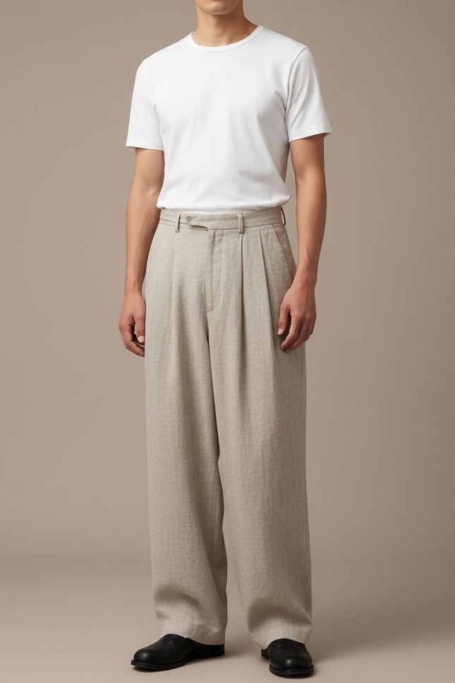 Pantalon Japonais Large Beige Plissé Élégant Homme - Lin