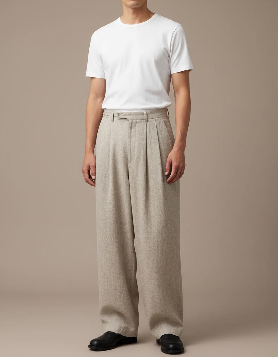 Pantalon Japonais Large Beige Plissé Élégant Homme - Lin