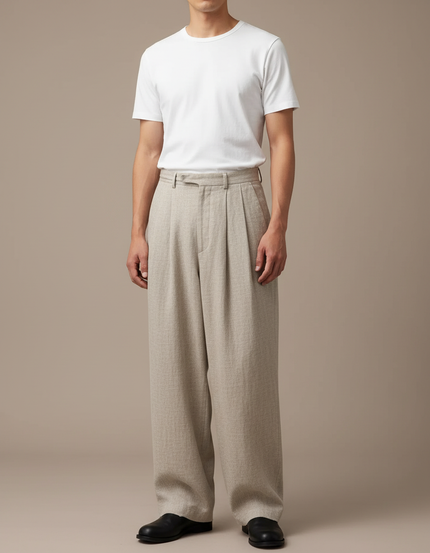 Pantalon Japonais Large Beige Plissé Élégant Homme - Lin
