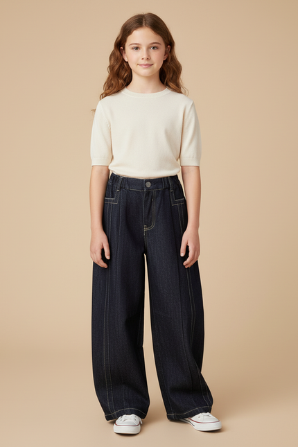 Pantalon Japonais Denim Ample Fille Couture Blanche - Marine Jean