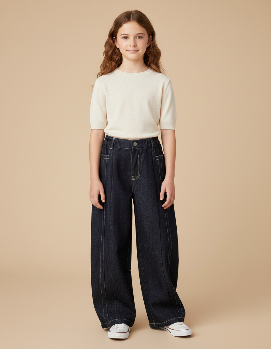 Pantalon Japonais Denim Ample Fille Couture Blanche - Marine Jean
