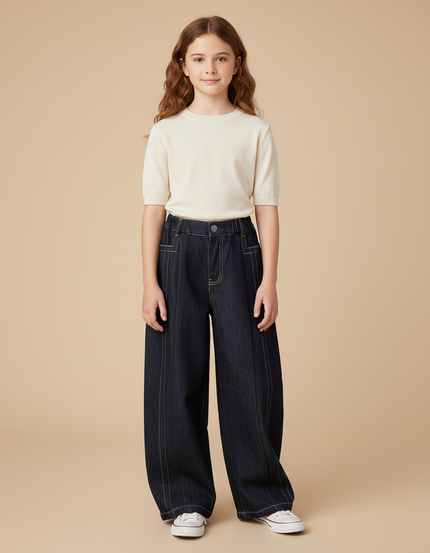 Pantalon Japonais Denim Ample Fille Couture Blanche - Marine Jean