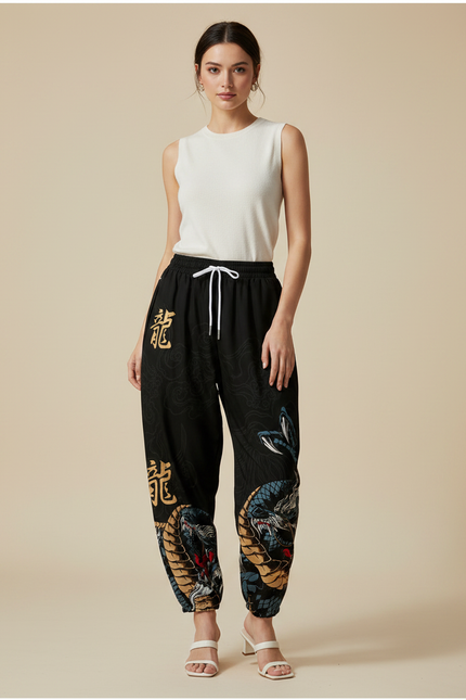 Pantalon Japonais Noir Imprimé Dragon Ample Streetwear - Polyester