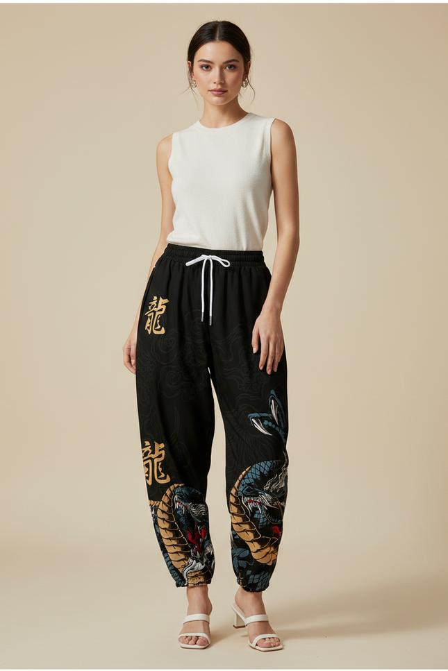 Pantalon Japonais Noir Imprimé Dragon Ample Streetwear - Polyester