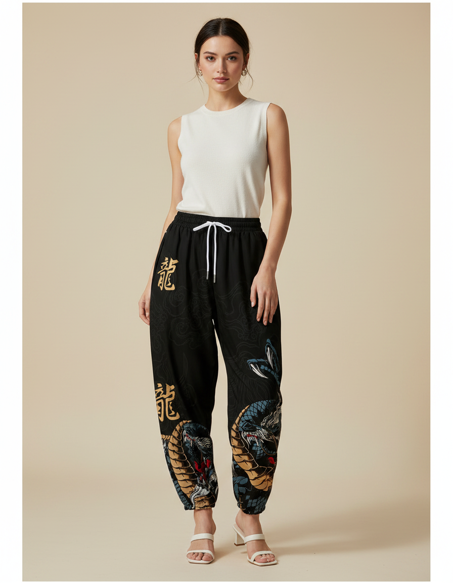 Pantalon Japonais Noir Imprimé Dragon Ample Streetwear - Polyester