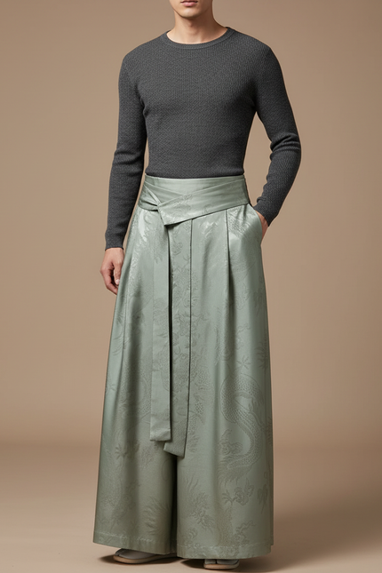 Pantalon Japonais Vert Ample Jacquard Dragon Vintage Homme - Satin