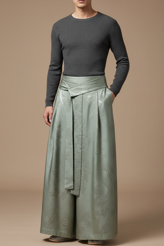 Pantalon Japonais Vert Ample Jacquard Dragon Vintage Homme - Satin