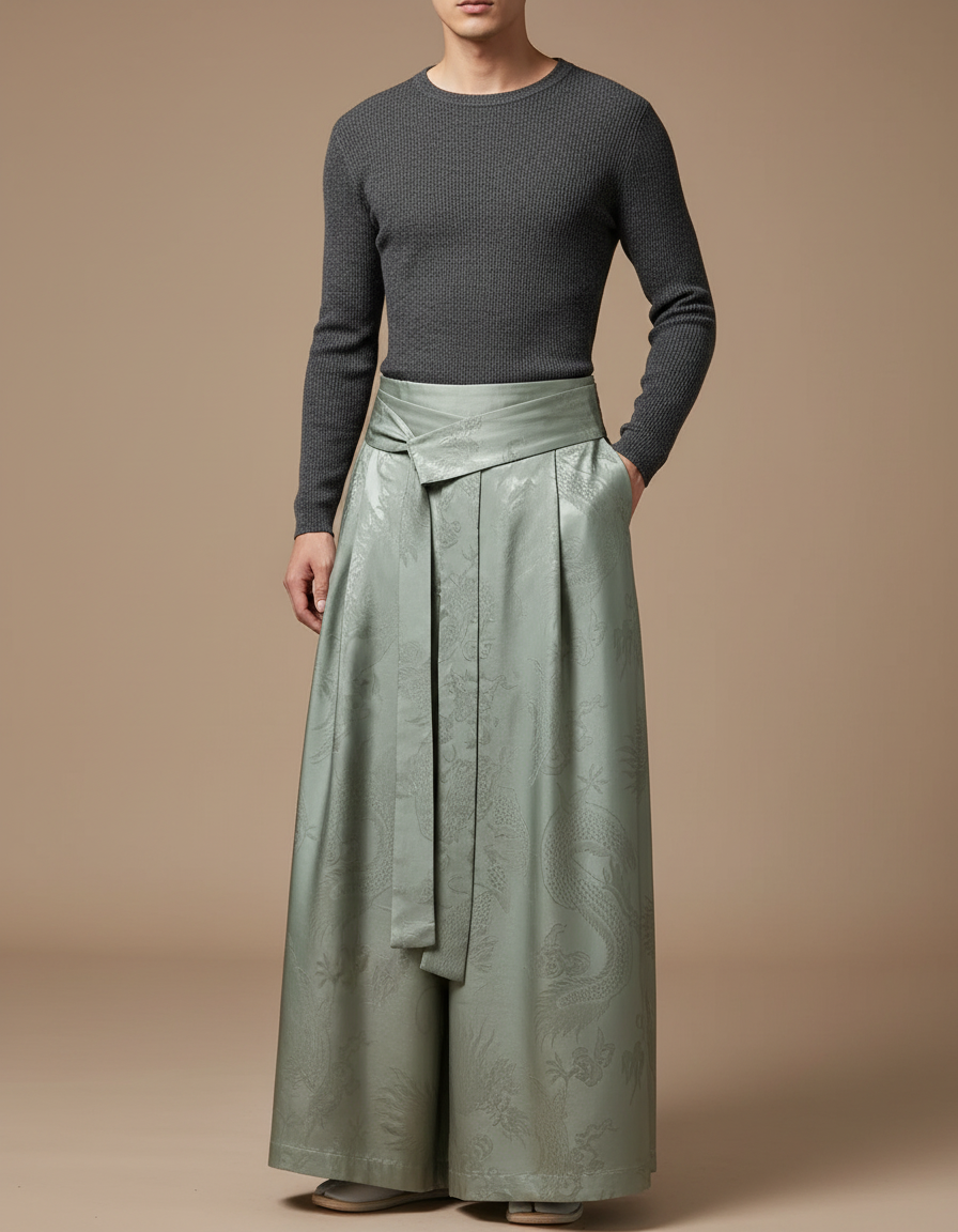 Pantalon Japonais Vert Ample Jacquard Dragon Vintage Homme - Satin