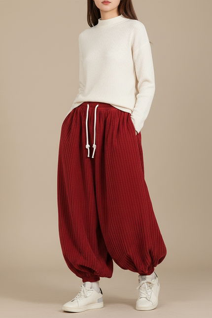 Pantalon Japonais Corduroy Rouge Ample Harem Décontracté - Bordeaux Cordé