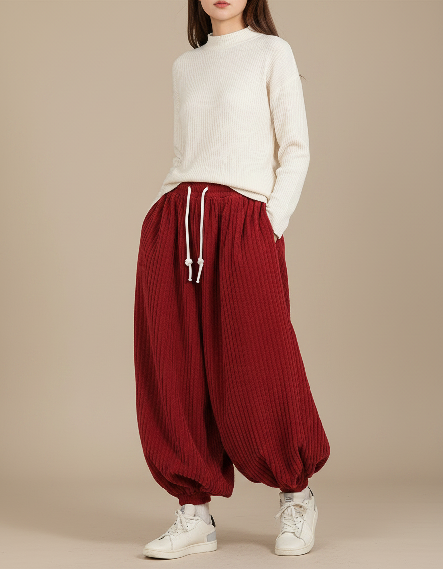 Pantalon Japonais Corduroy Rouge Ample Harem Décontracté - Bordeaux Cordé