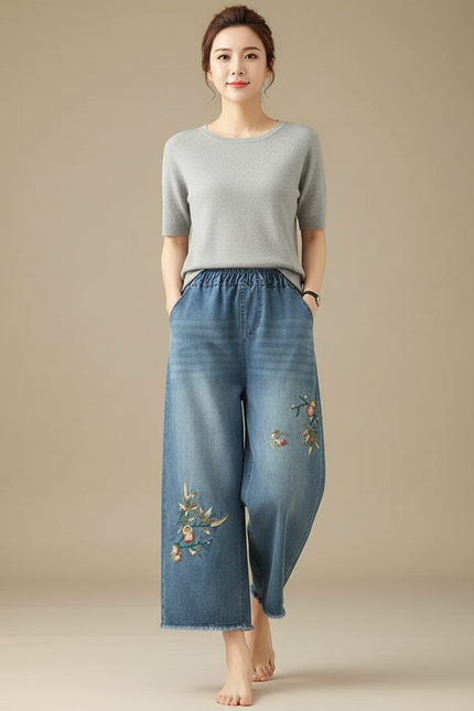 Pantalon Japonais Denim Ample Fleuri Brodé Femme Décontracté - Bleu Jean