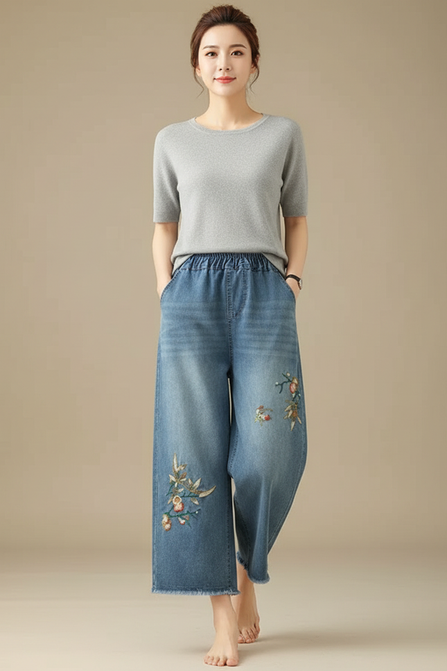 Pantalon Japonais Denim Ample Fleuri Brodé Femme Décontracté - Bleu Jean