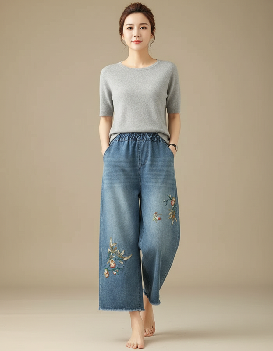 Pantalon Japonais Denim Ample Fleuri Brodé Femme Décontracté - Bleu Jean