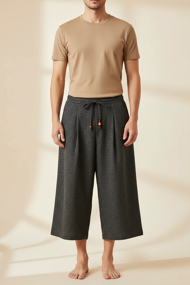 Pantalon Japonais Gris Anthracite Ample Court Décontracté - Tweed