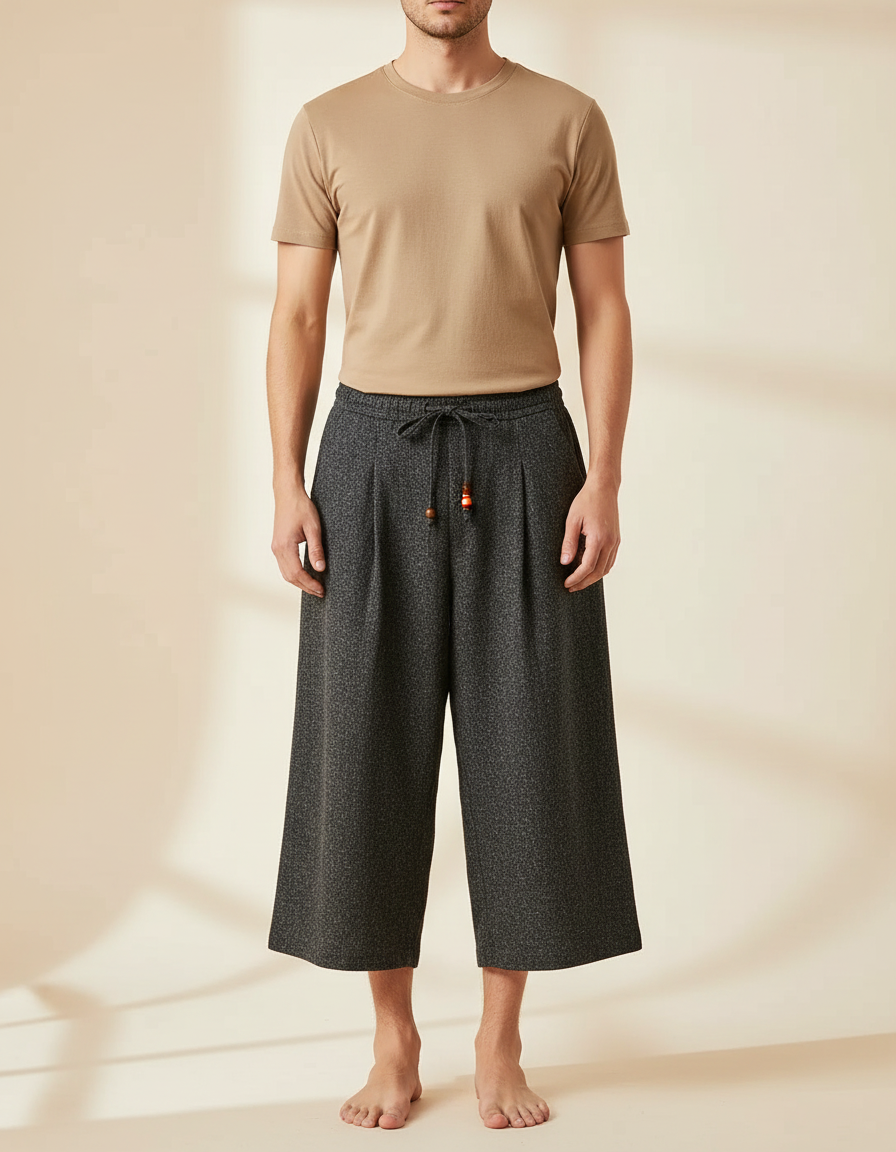 Pantalon Japonais Gris Anthracite Ample Court Décontracté - Tweed