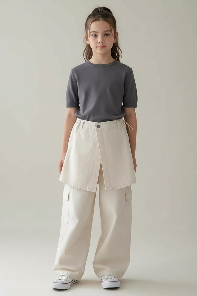 Pantalon Japonais Beige Cargo Ample Jupe-culotte Enfant - Toile