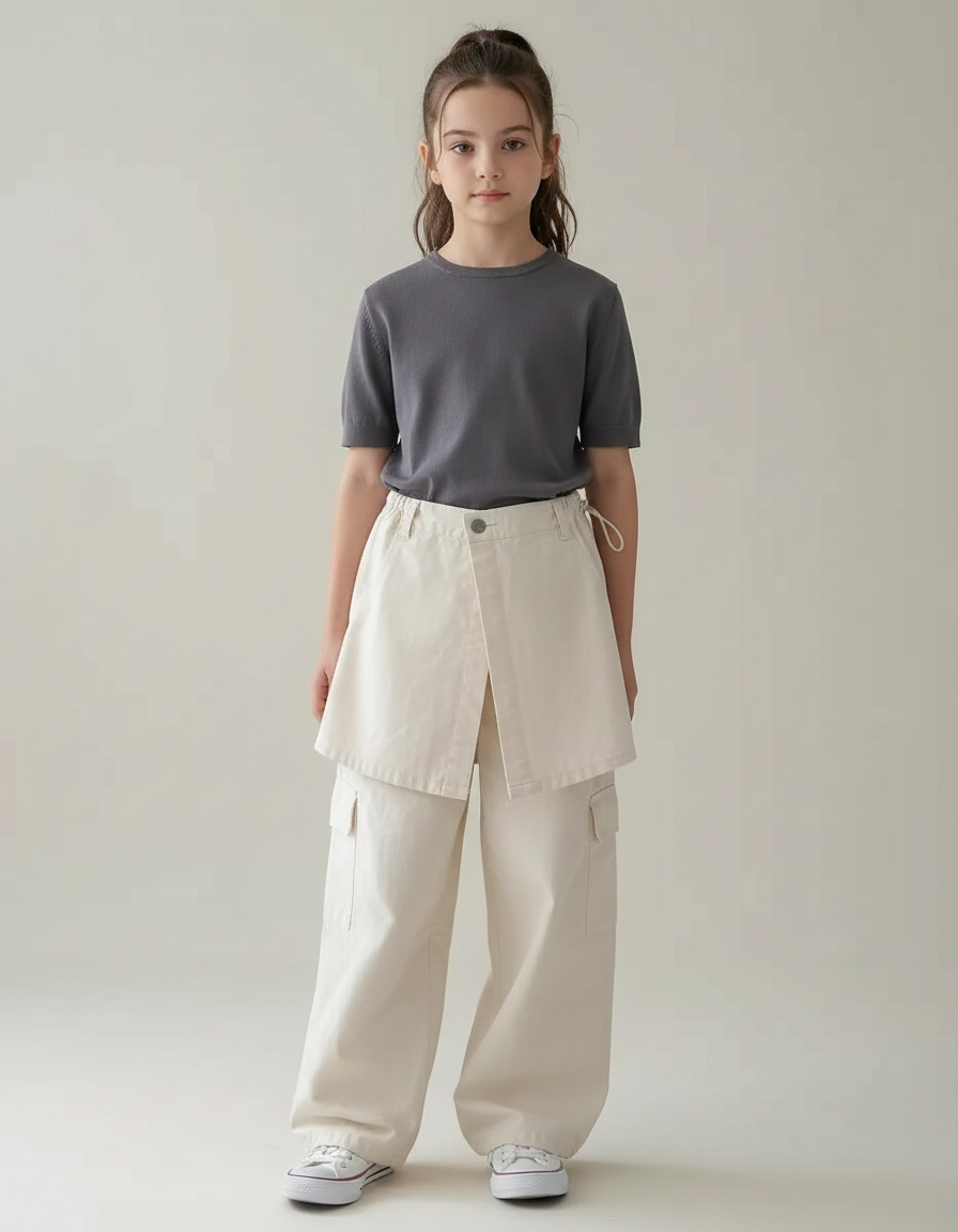 Pantalon Japonais Beige Cargo Ample Jupe-culotte Enfant - Toile