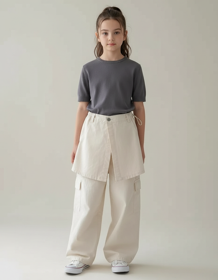 Pantalon Japonais Beige Cargo Ample Jupe-culotte Enfant - Toile