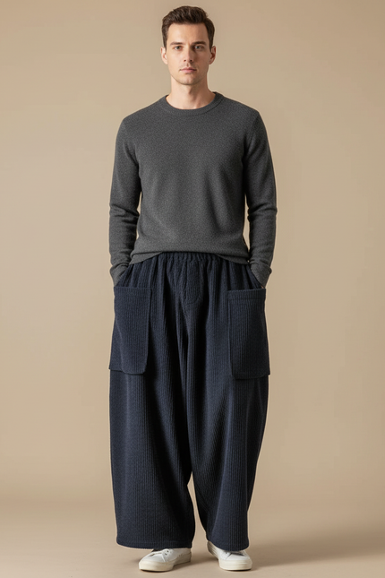 Pantalon Japonais Velours Côtelé Ample Bleu Marine Décontracté - Cordé