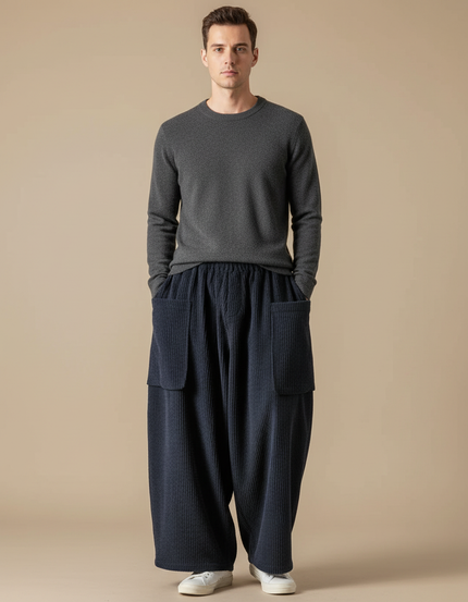 Pantalon Japonais Velours Côtelé Ample Bleu Marine Décontracté - Cordé