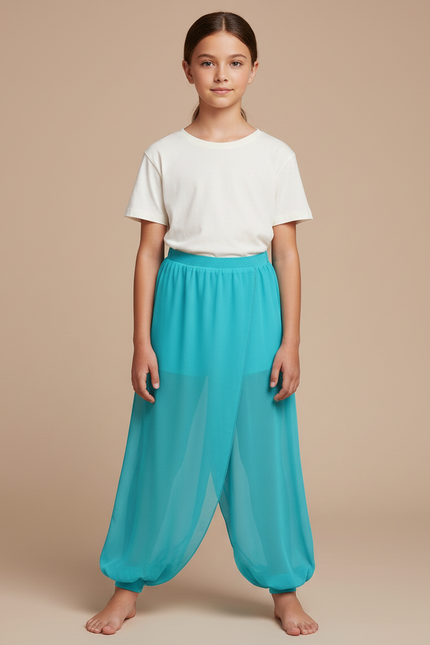 Pantalon Japonais Turquoise Fluide Ample Asymétrique - Bleu Polyester