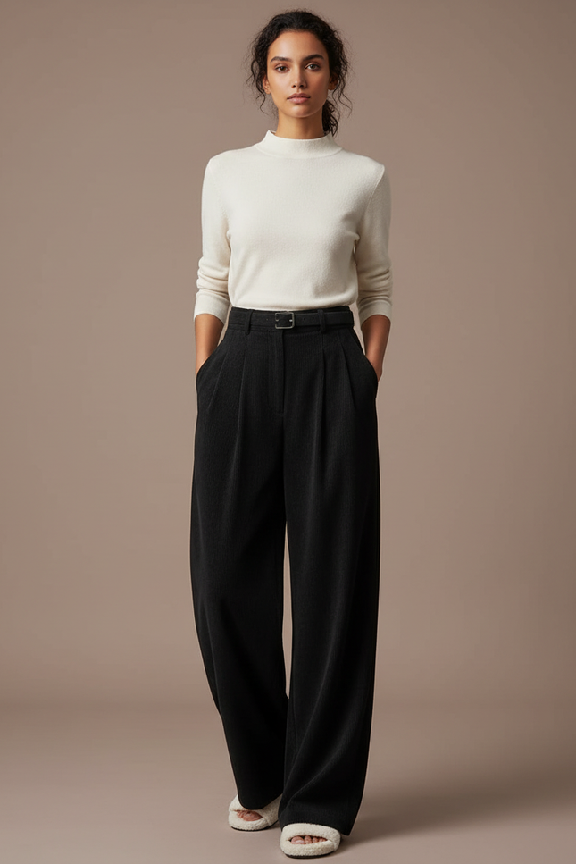 Pantalon Japonais Noir Côtelé Ample Plissé Élégant - Cordé