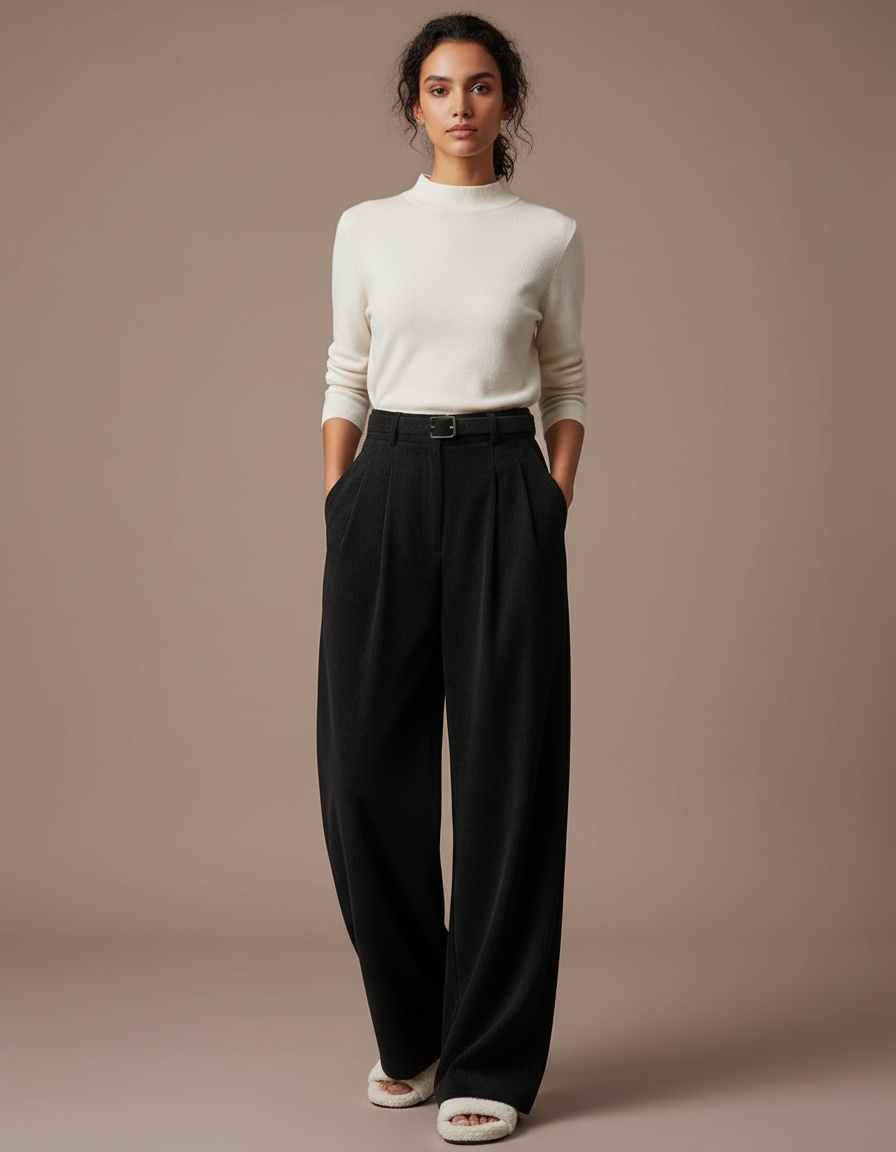 Pantalon Japonais Noir Côtelé Ample Plissé Élégant - Cordé