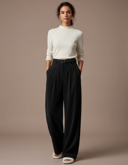 Pantalon Japonais Noir Côtelé Ample Plissé Élégant - Cordé