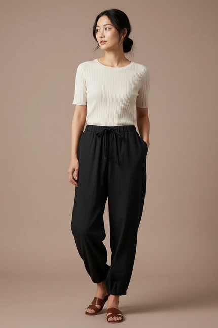 Pantalon Japonais Noir Fluide Ample Coton - Lin