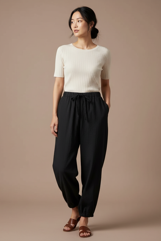 Pantalon Japonais Noir Fluide Ample Coton - Lin