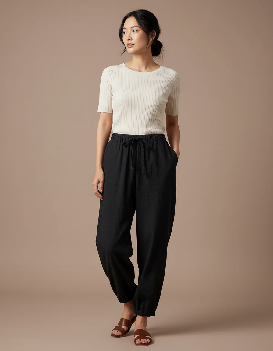 Pantalon Japonais Noir Fluide Ample Coton - Lin