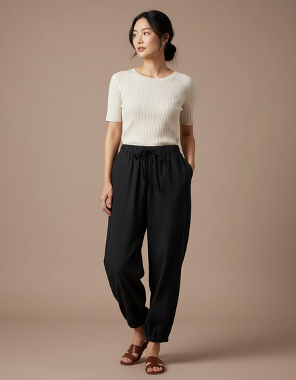 Pantalon Japonais Noir Fluide Ample Coton - Lin