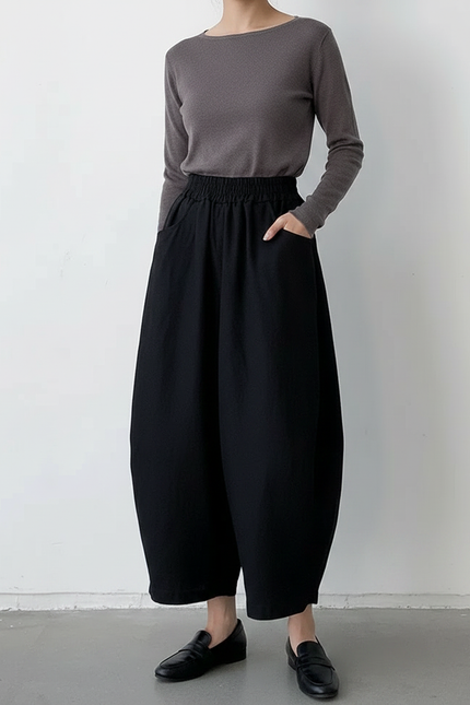 Pantalon Japonais Noir Ample Coton Décontracté Harem