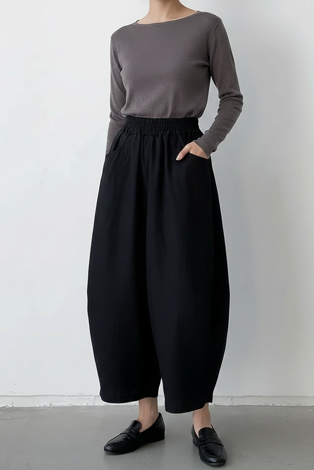 Pantalon Japonais Noir Ample Coton Décontracté Harem