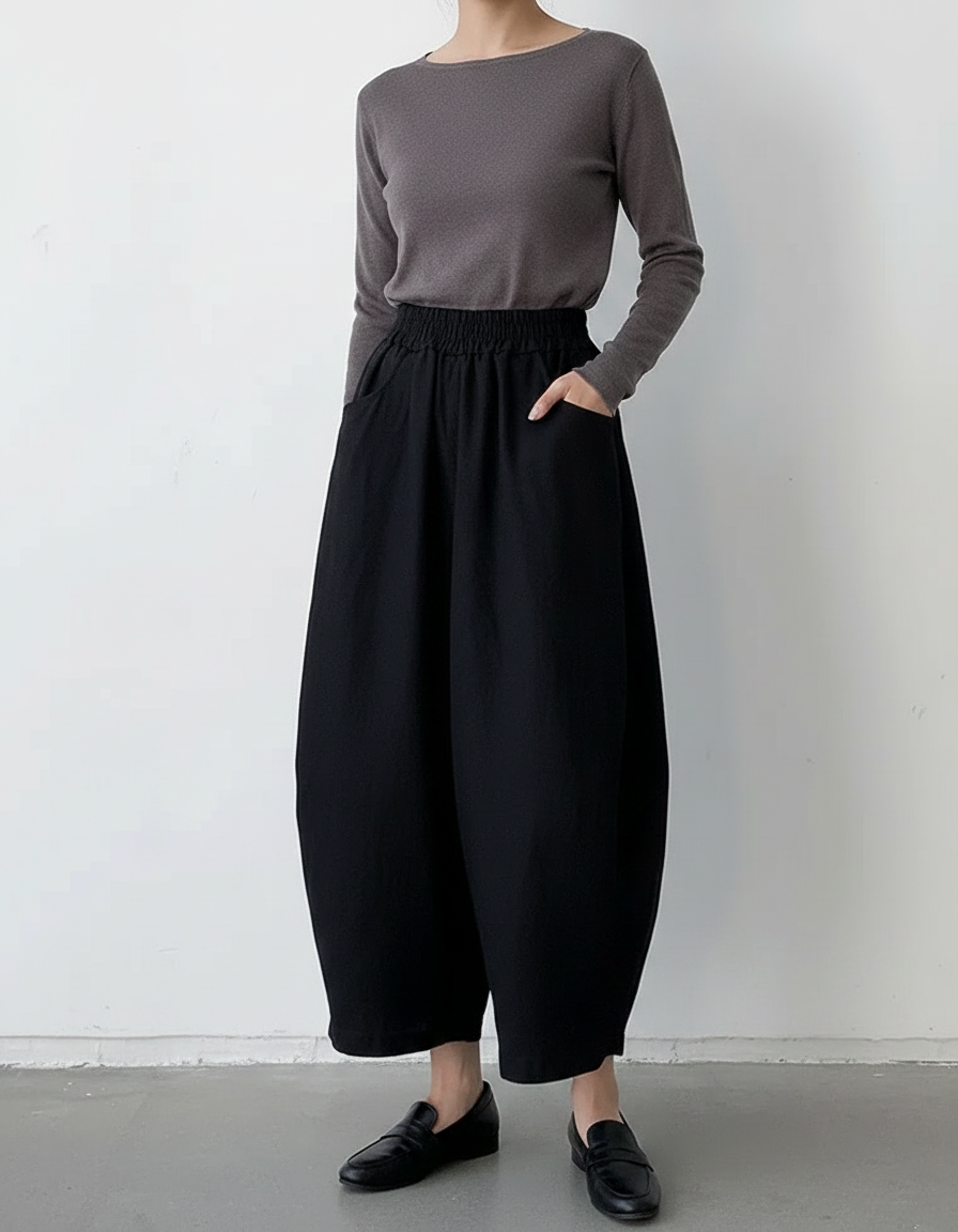 Pantalon Japonais Noir Ample Coton Décontracté Harem