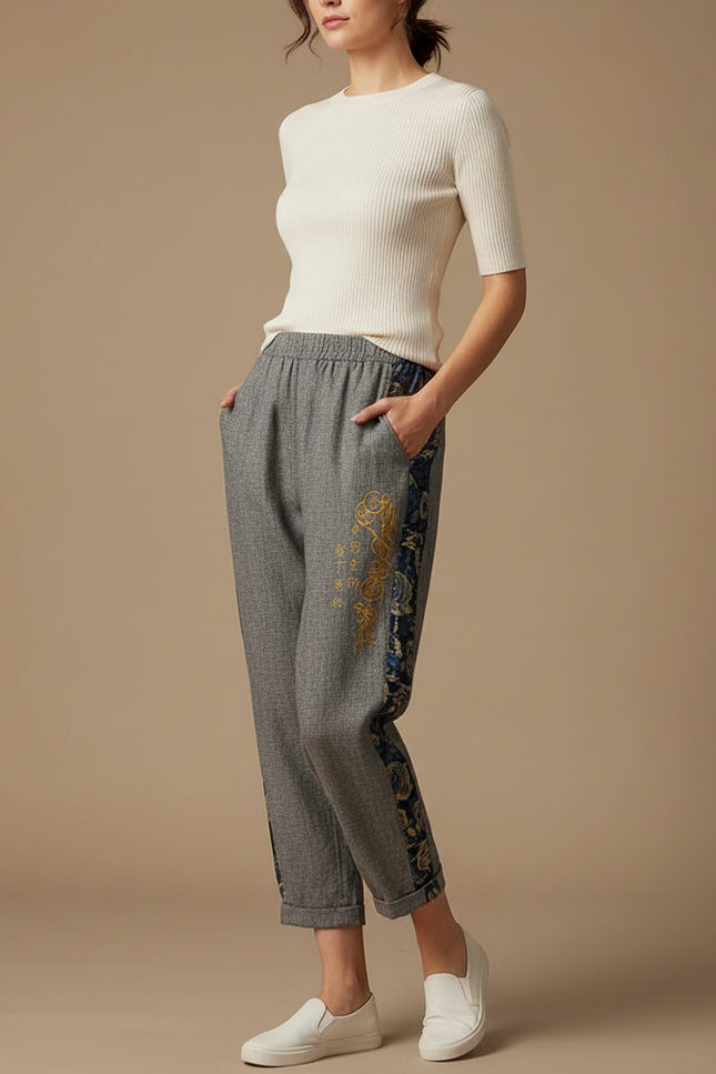 Pantalon Japonais Gris Ample Brodé Floral Décontracté - Tweed