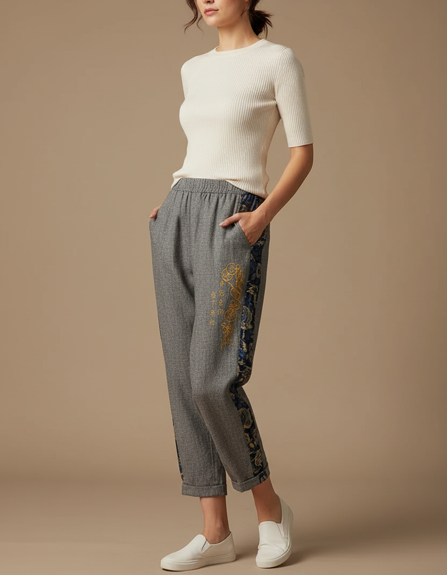Pantalon Japonais Gris Ample Brodé Floral Décontracté - Tweed