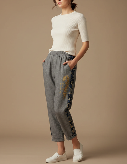 Pantalon Japonais Gris Ample Brodé Floral Décontracté - Tweed